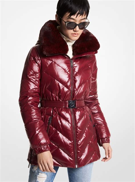 michael kors faux fur trim belted coat|Faux Fur Trim Chevron Quilted Nylon Belted Puffer Coat.